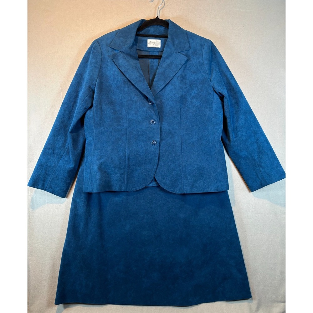 Vintage Suede 3 Pc Suit Womens Medium Blue Jacketโ Skirt Vest Set Tailored